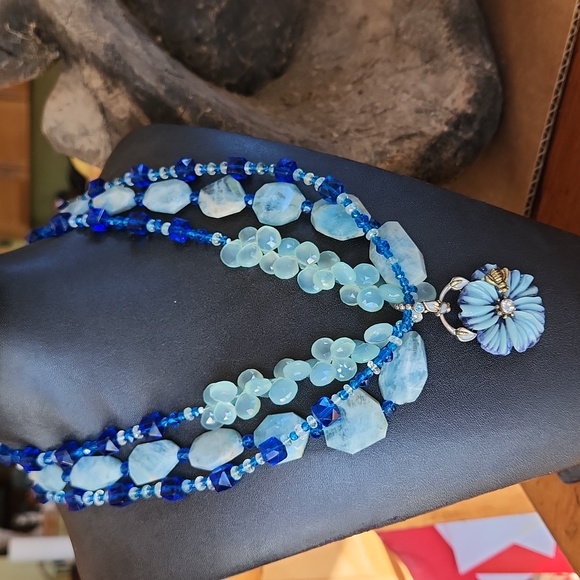 SRA Jewelry - Triple strand stone and vintage glass Necklace in Blues
